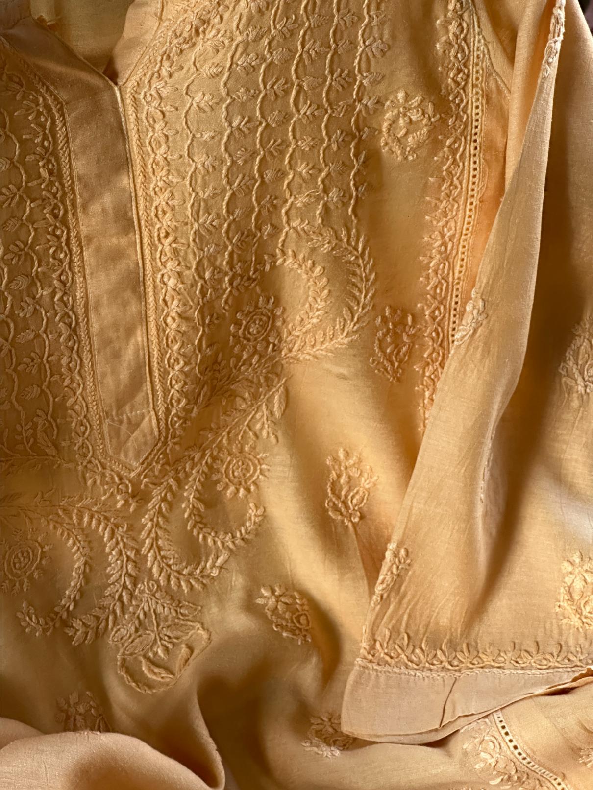 Peach Chanderi Chikankari Ready To Wear Kurta With Mukaish Kamdani