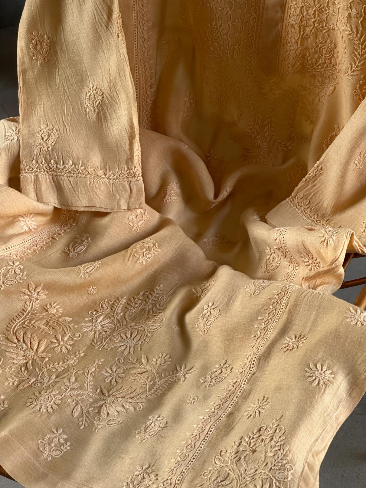 Peach Chanderi Chikankari Ready To Wear Kurta With Mukaish Kamdani