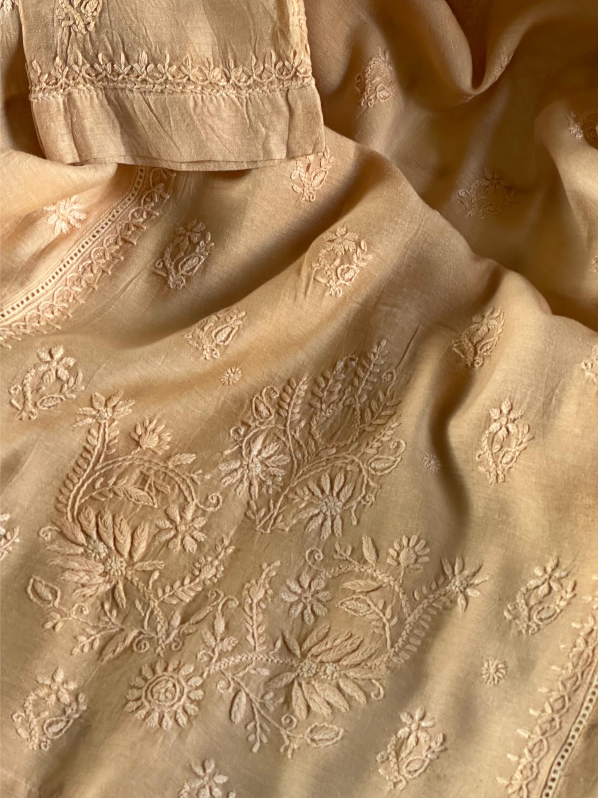 Peach Chanderi Chikankari Ready To Wear Kurta With Mukaish Kamdani