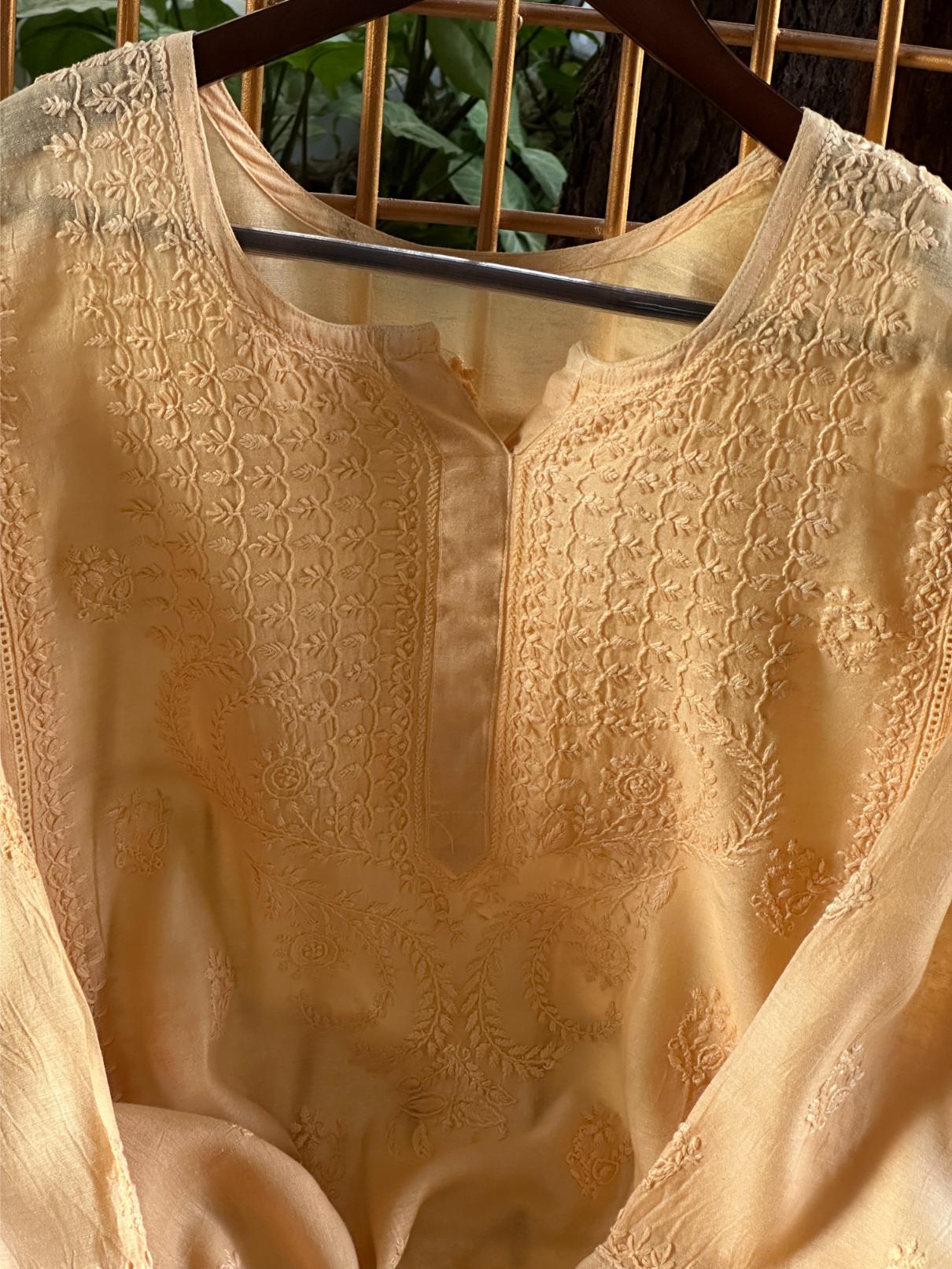 Peach Chanderi Chikankari Ready To Wear Kurta With Mukaish Kamdani