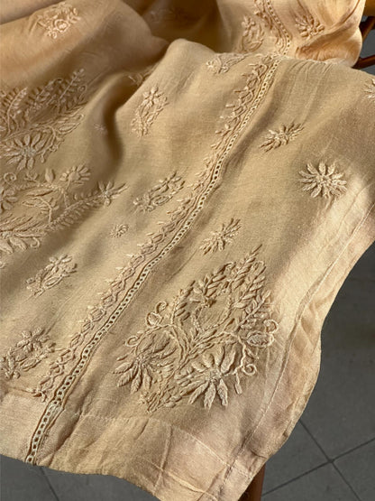 Peach Chanderi Chikankari Ready To Wear Kurta With Mukaish Kamdani