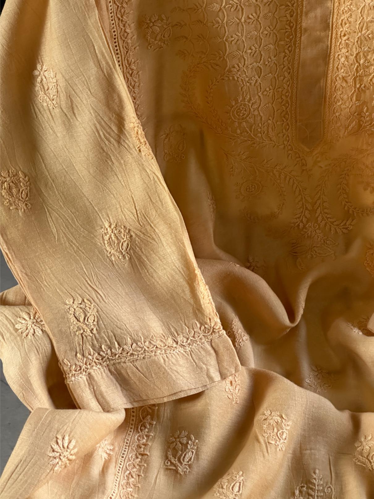 Peach Chanderi Chikankari Ready To Wear Kurta With Mukaish Kamdani