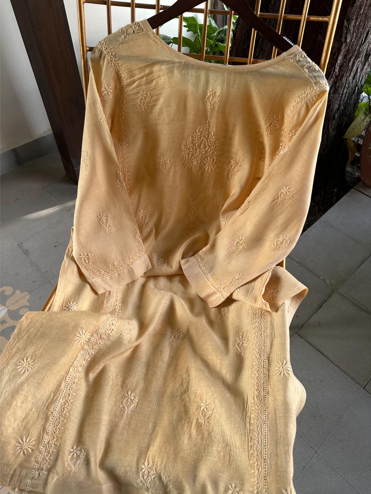 Peach Chanderi Chikankari Ready To Wear Kurta With Mukaish Kamdani