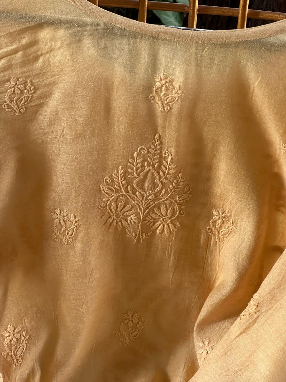 Peach Chanderi Chikankari Ready To Wear Kurta With Mukaish Kamdani