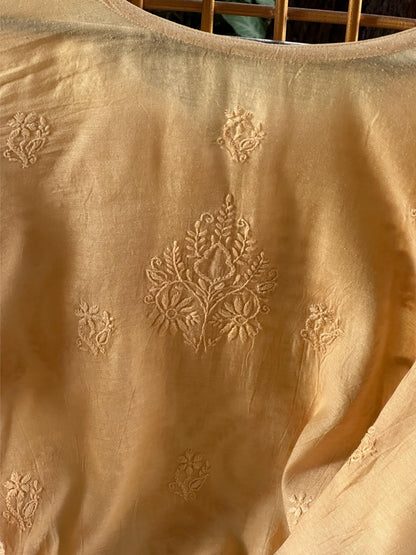 Peach Chanderi Chikankari Ready To Wear Kurta With Mukaish Kamdani