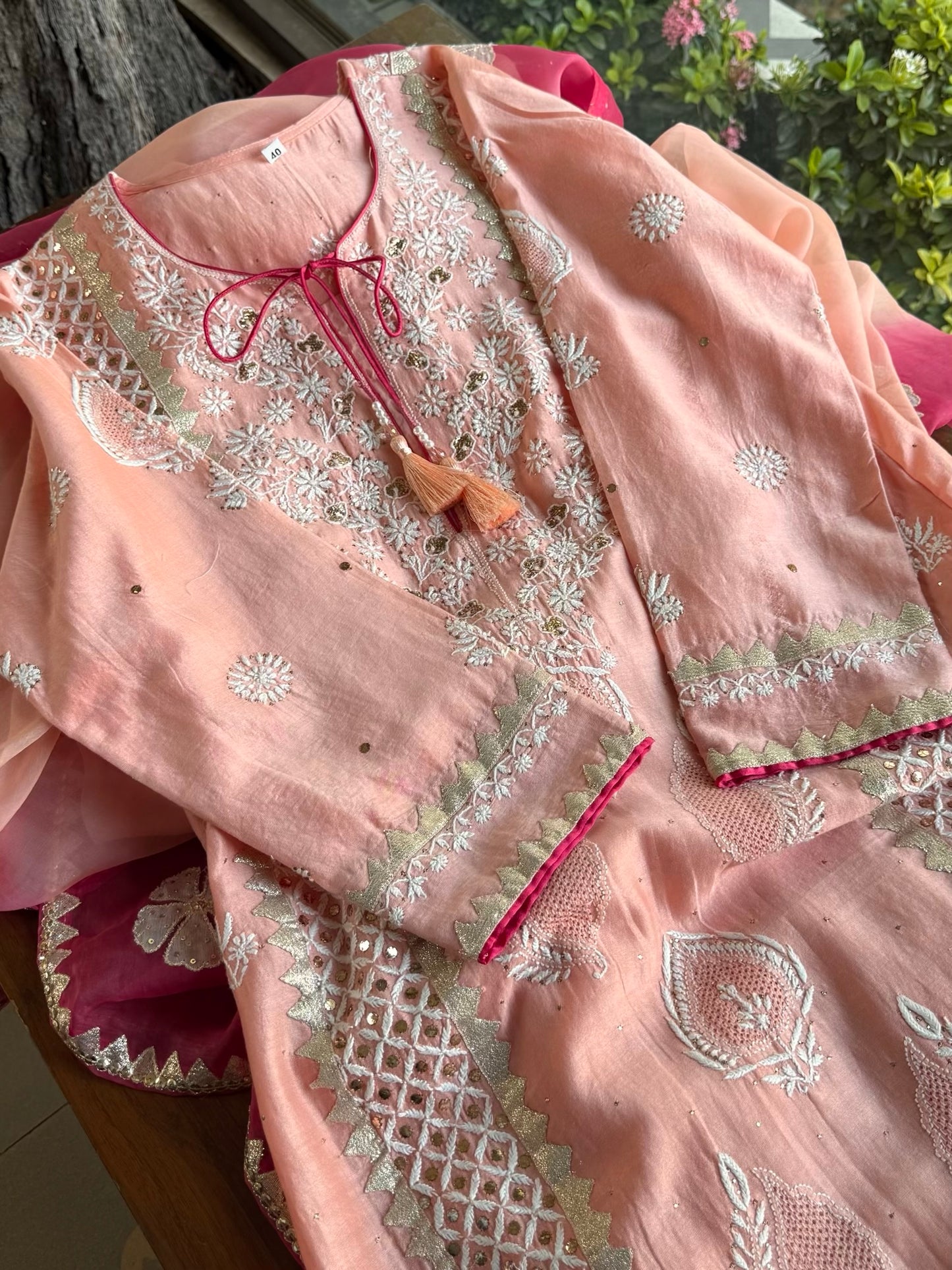 Peach Chanderi Daraz Applique Chikankari Mukaish Kurta Dupatta Set