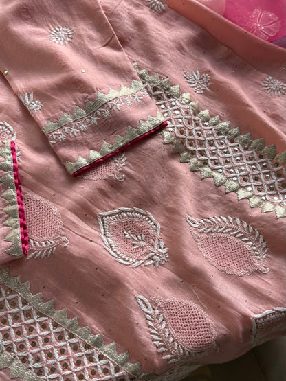 Peach Chanderi Daraz Applique Chikankari Mukaish Kurta Dupatta Set
