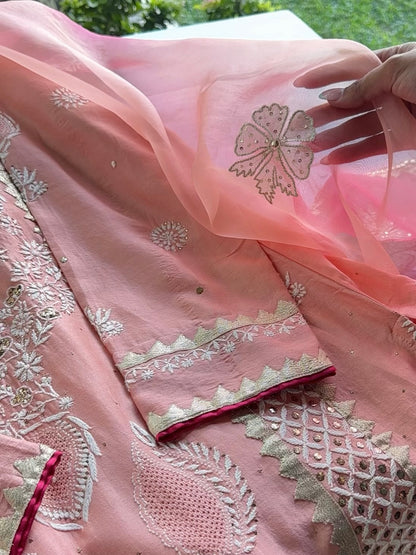 Peach Chanderi Daraz Applique Chikankari Mukaish Kurta Dupatta Set