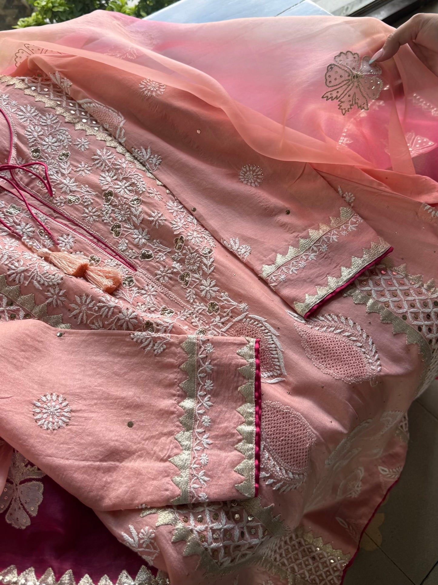Peach Chanderi Daraz Applique Chikankari Mukaish Kurta Dupatta Set