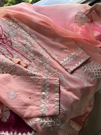 Peach Chanderi Daraz Applique Chikankari Mukaish Kurta Dupatta Set