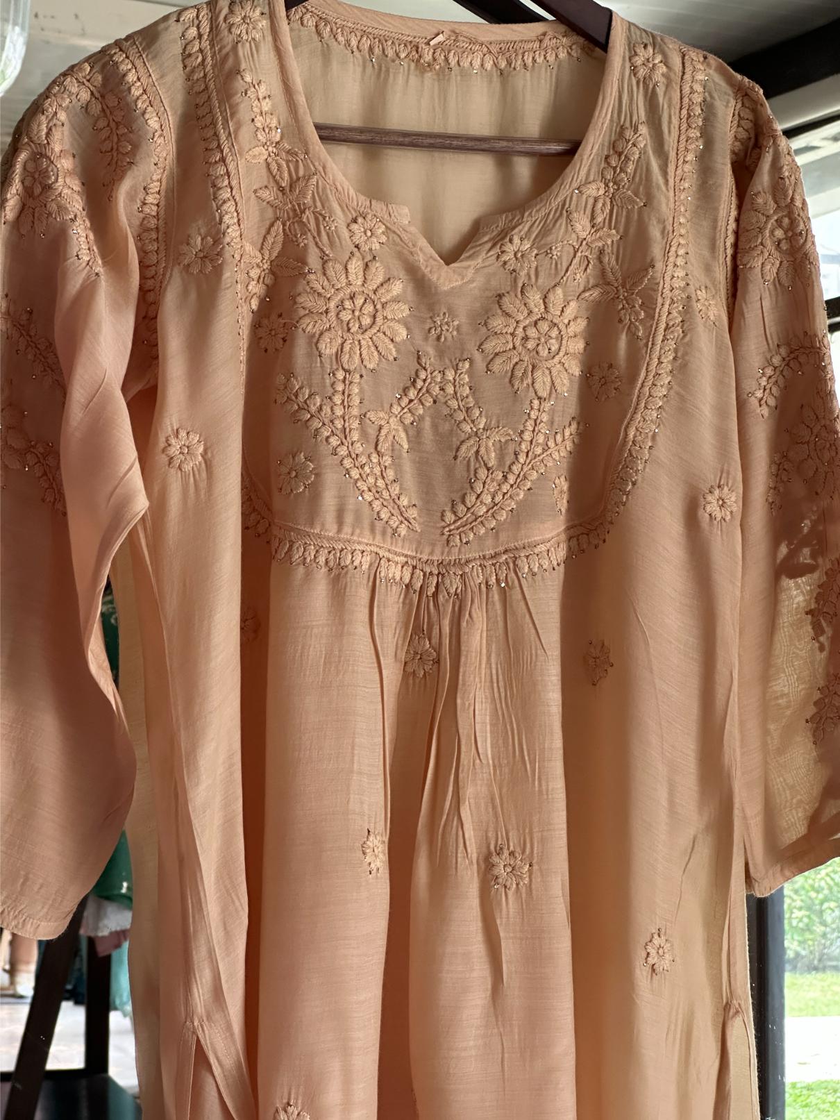 Peach Chanderi Mukaish Kamdani Short Kurti