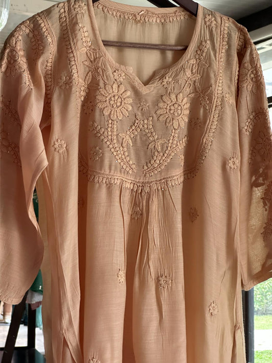 Peach Chanderi Mukaish Kamdani Short Kurti