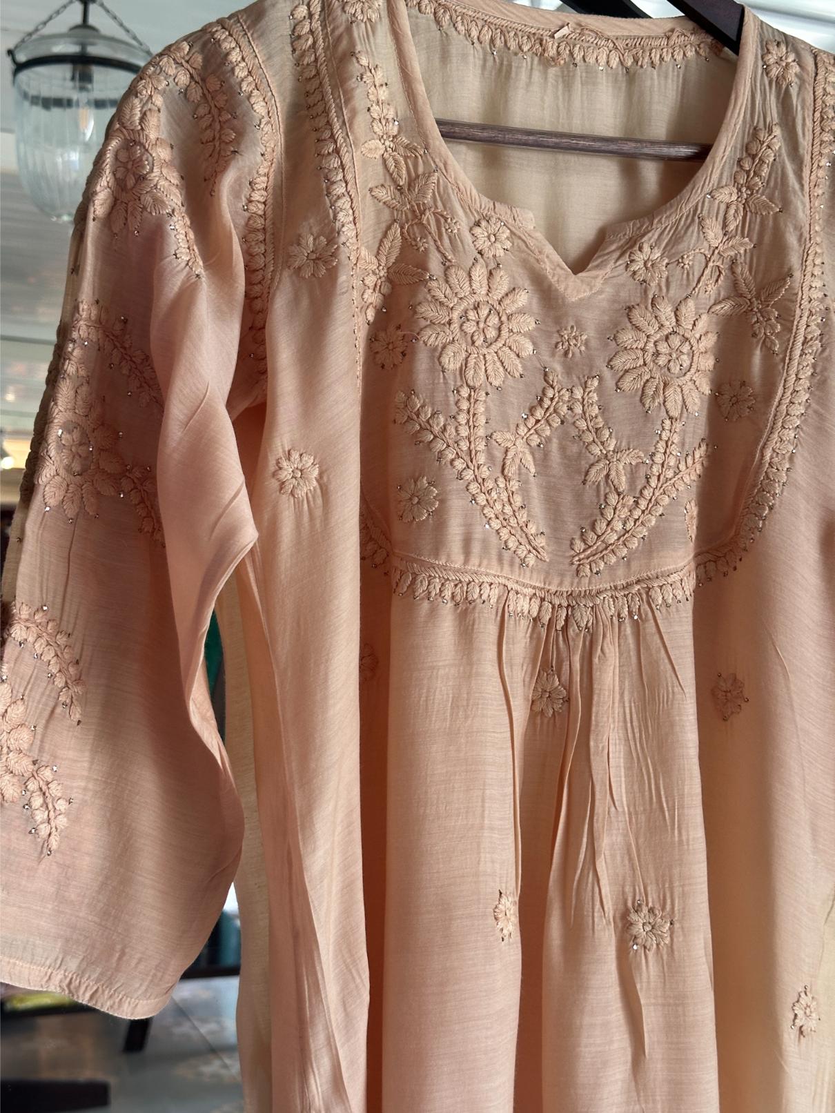 Peach Chanderi Mukaish Kamdani Short Kurti