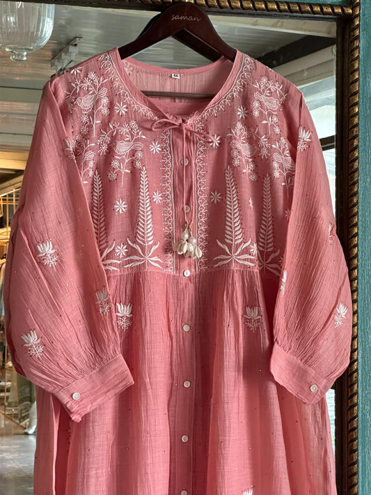Peach Chikankari Embroidered Kurta with Front Buttons & Tassel Detail