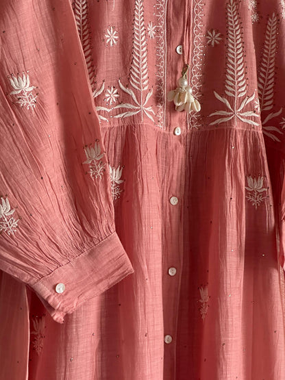 Peach Chikankari Embroidered Kurta with Front Buttons & Tassel Detail