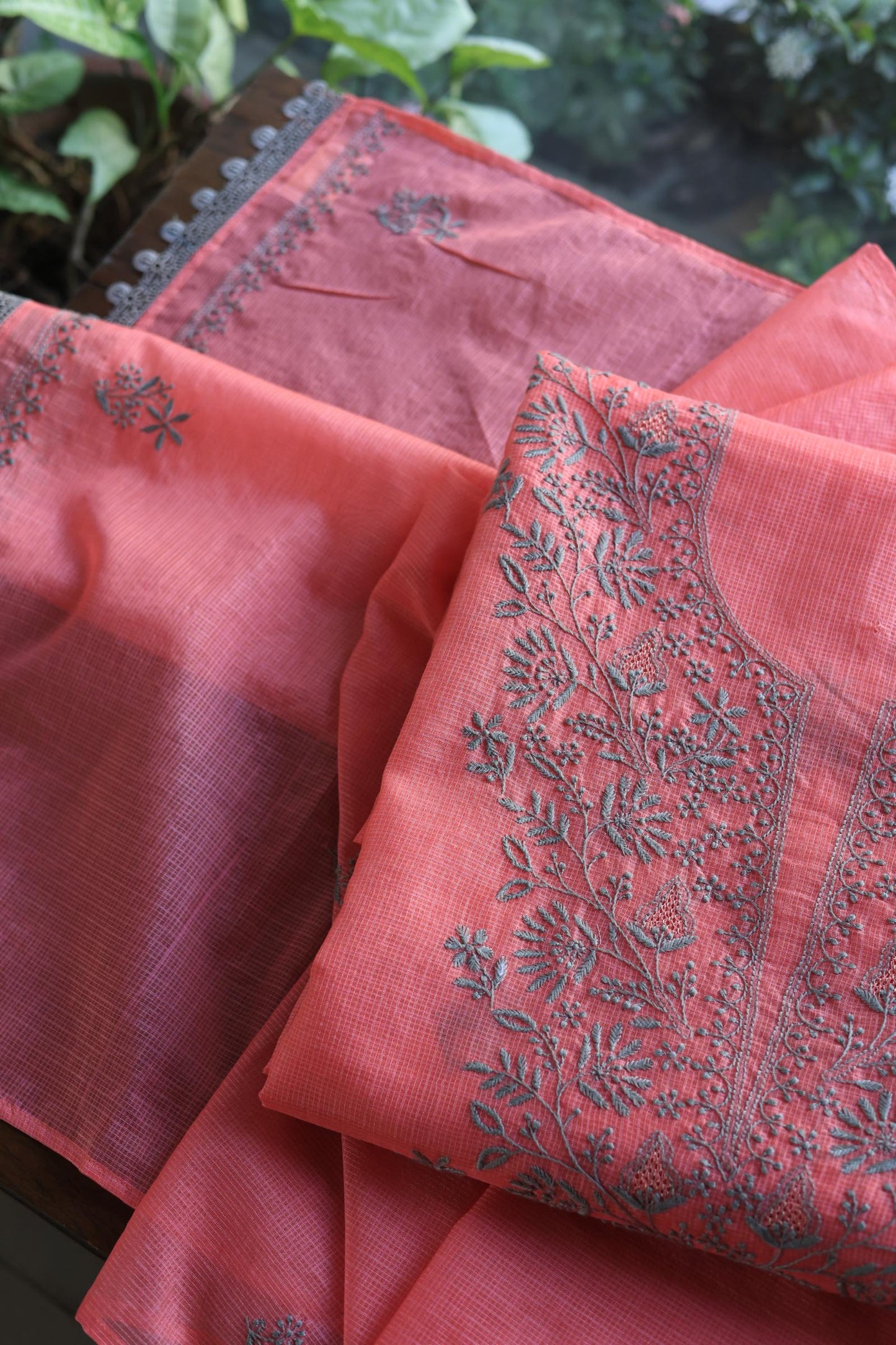 Peach Kota Chikankari Unstitched Fabric