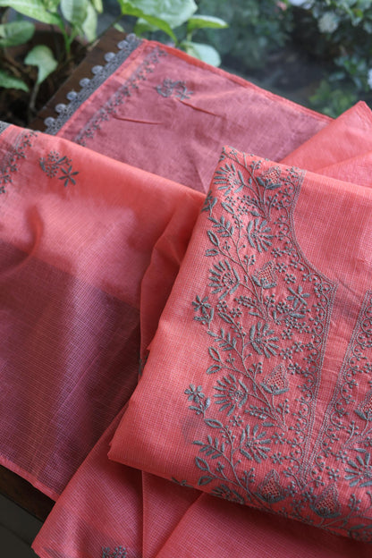 Peach Kota Chikankari Unstitched Fabric