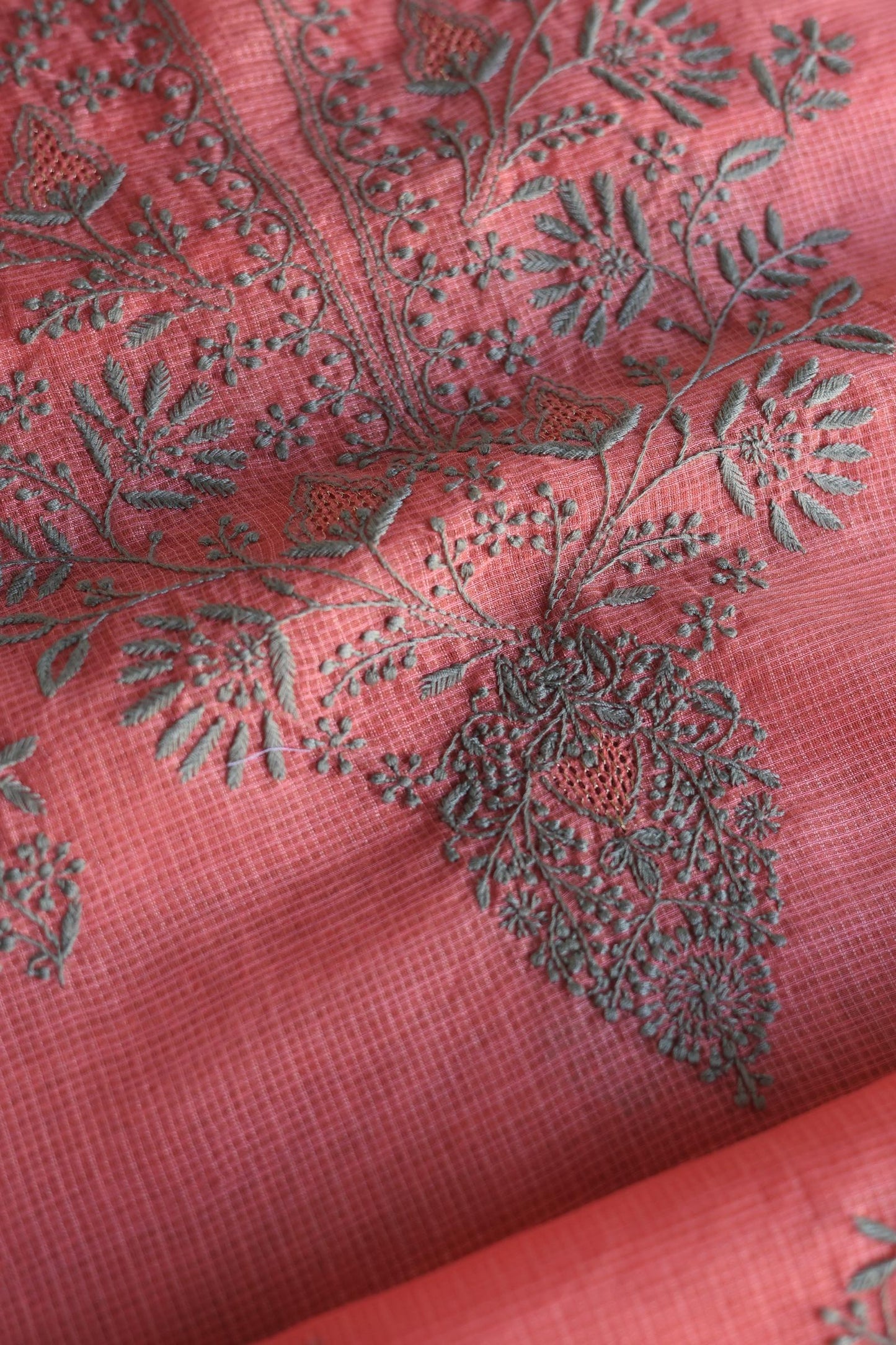 Peach Kota Chikankari Unstitched Fabric