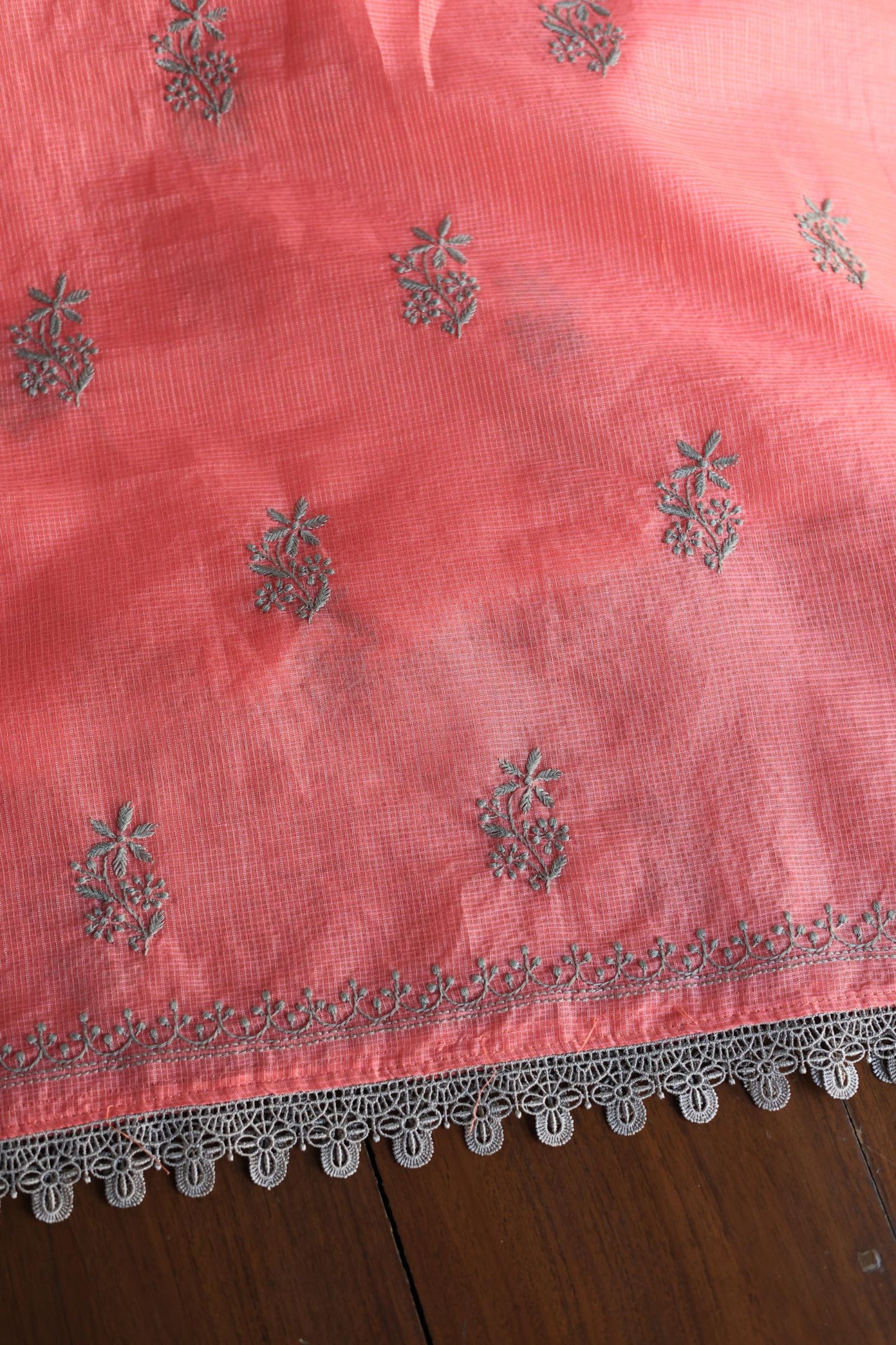 Peach Kota Chikankari Unstitched Fabric