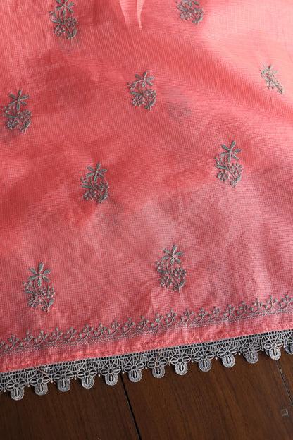 Peach Kota Chikankari Unstitched Fabric