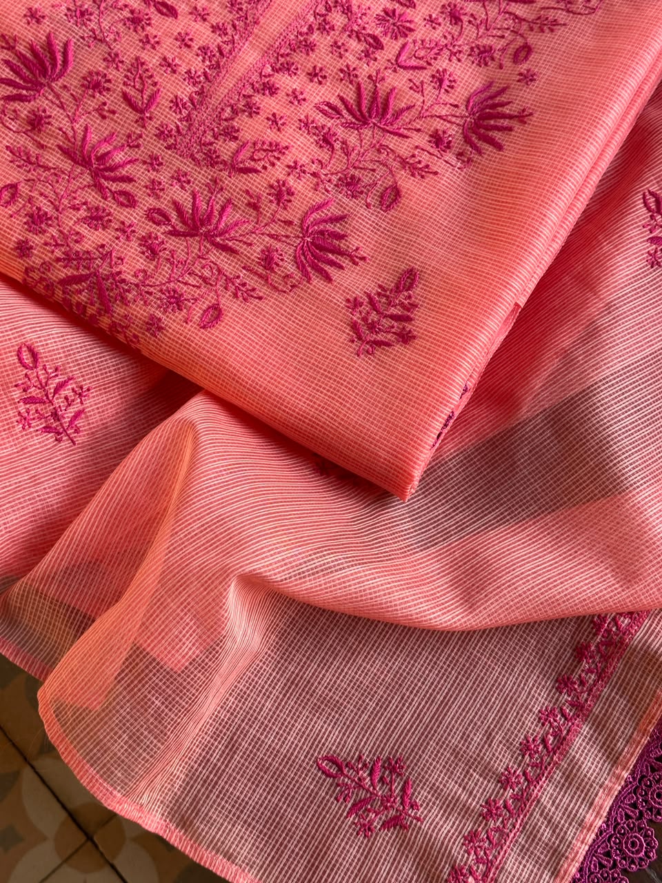 Peach Kota Chikankari Unstitched Fabric