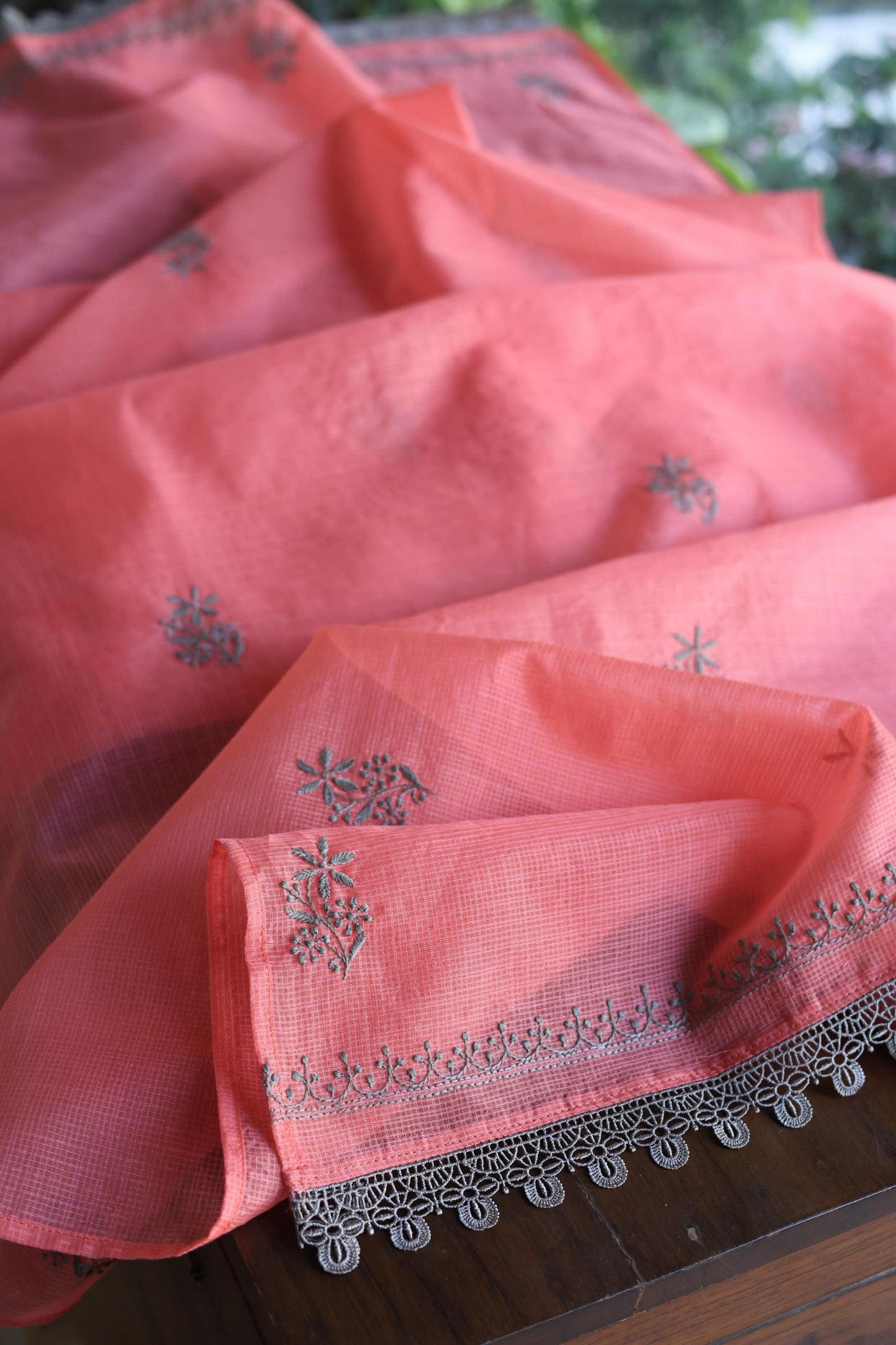 Peach Kota Chikankari Unstitched Fabric