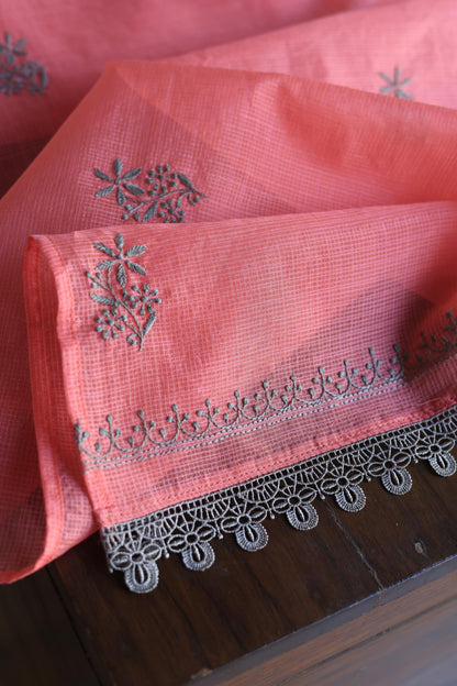 Peach Kota Chikankari Unstitched Fabric