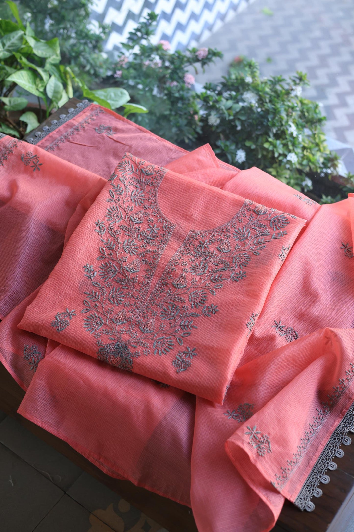 Peach Kota Chikankari Unstitched Fabric