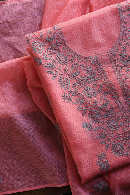 Peach Kota Chikankari Unstitched Fabric