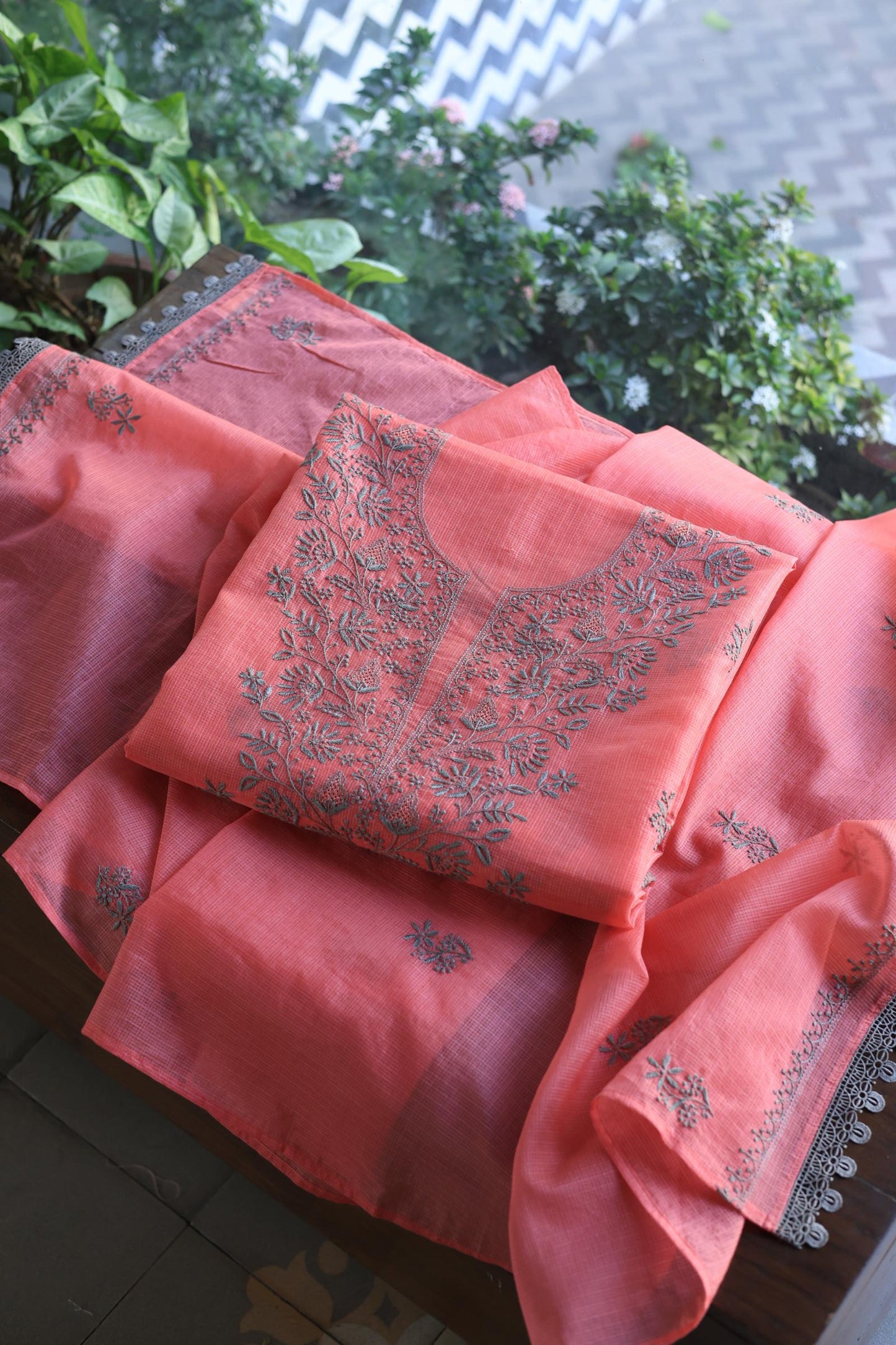 Peach Kota Chikankari Unstitched Fabric