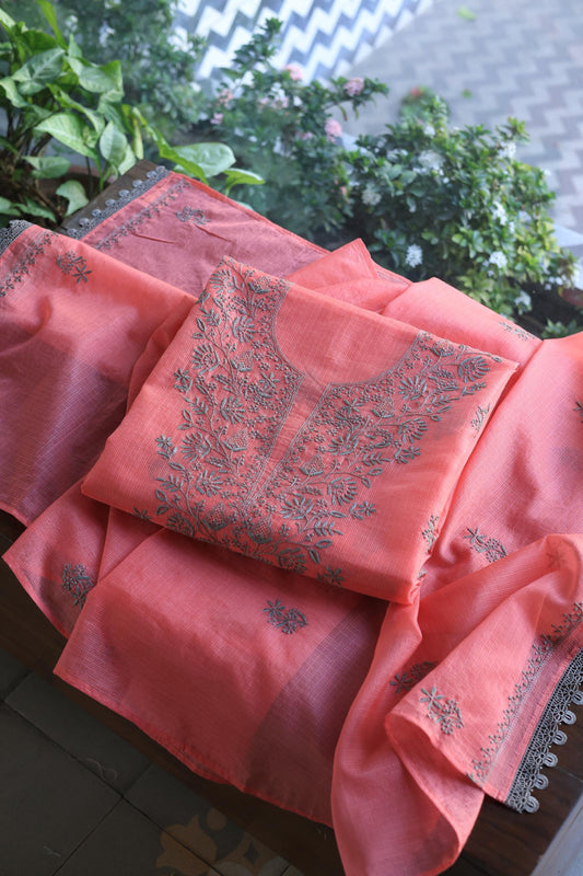 Peach Kota Chikankari Unstitched Fabric