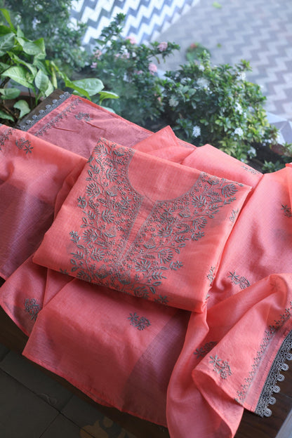 Peach Kota Chikankari Unstitched Fabric
