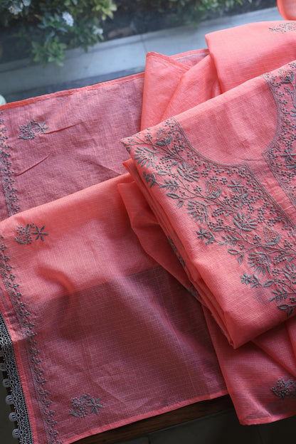 Peach Kota Chikankari Unstitched Fabric