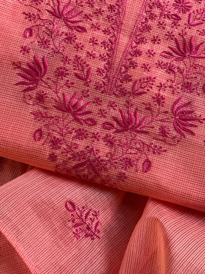 Peach Kota Chikankari Unstitched Fabric