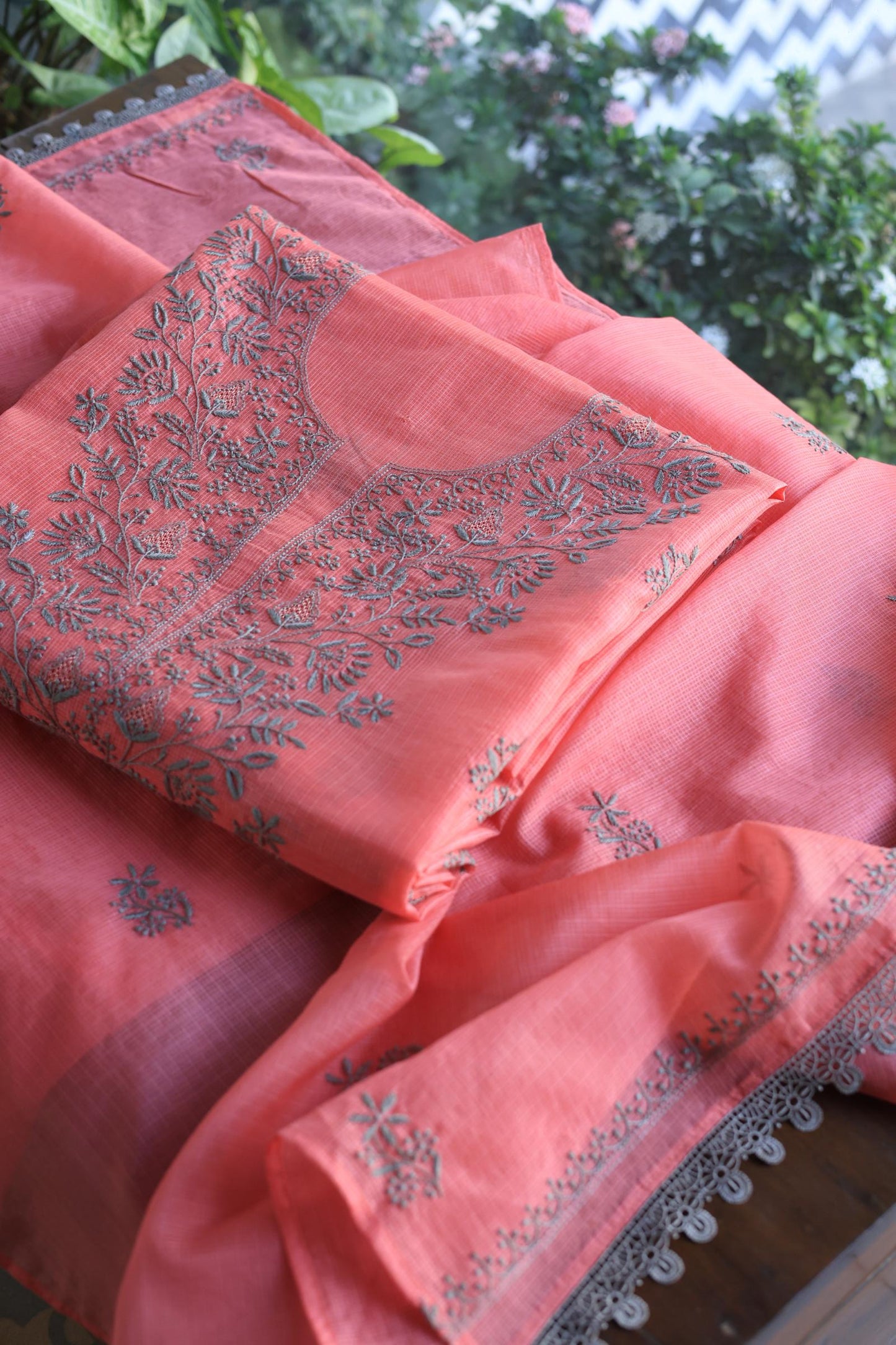 Peach Kota Chikankari Unstitched Fabric