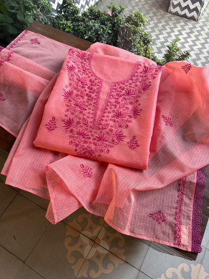 Peach Kota Chikankari Unstitched Fabric
