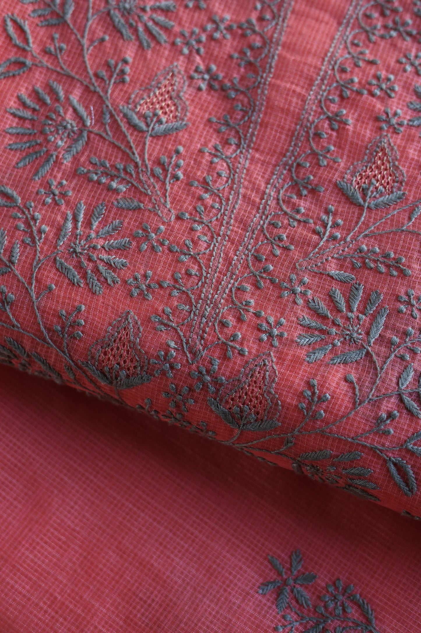 Peach Kota Chikankari Unstitched Fabric