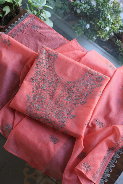 Peach Kota Chikankari Unstitched Fabric
