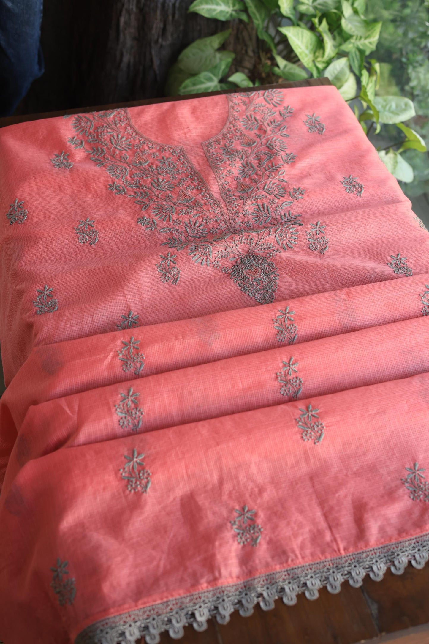 Peach Kota Chikankari Unstitched Fabric