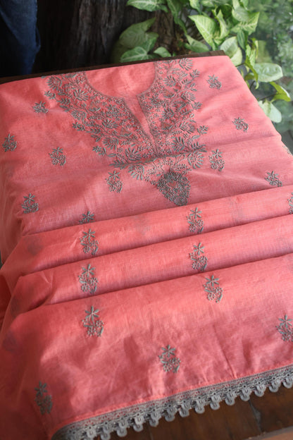 Peach Kota Chikankari Unstitched Fabric