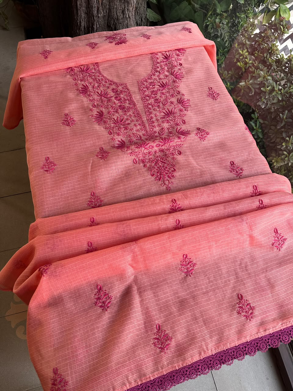 Peach Kota Chikankari Unstitched Fabric