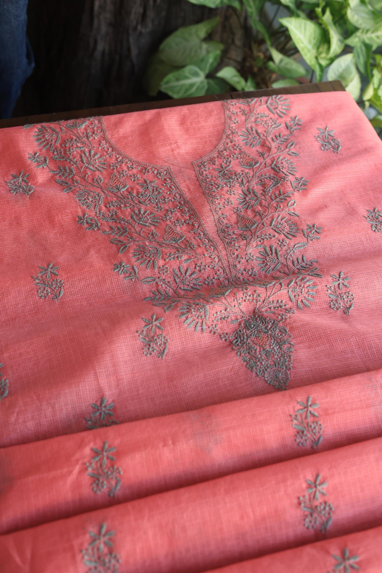 Peach Kota Chikankari Unstitched Fabric