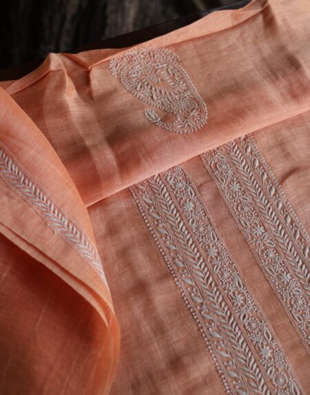 Peach Linen Chikankari Unstitched Men's Kurtas Fabric