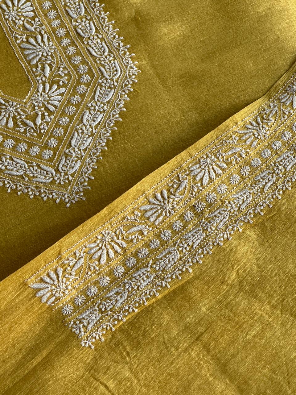 Yellow Linen Chikankari Unstitched Men's Kurtas Fabric