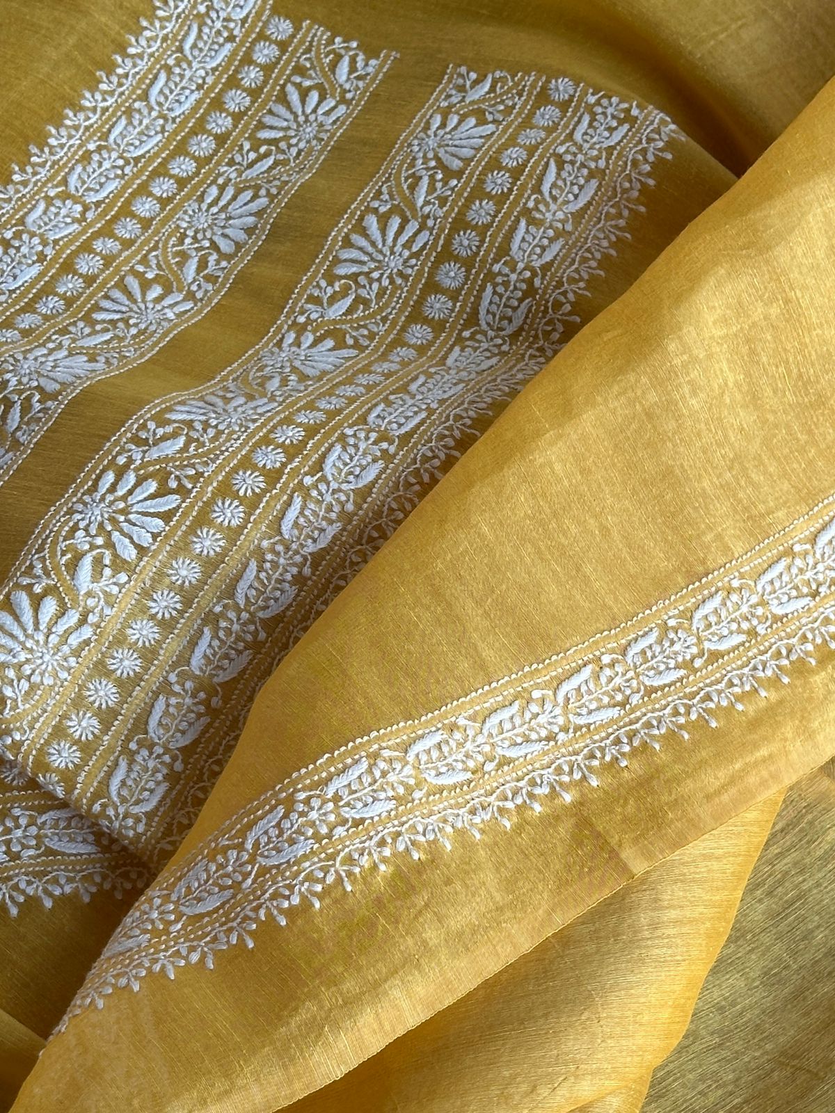 Yellow Linen Chikankari Unstitched Men's Kurtas Fabric