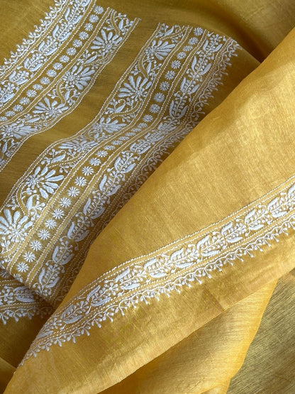 Yellow Linen Chikankari Unstitched Men's Kurtas Fabric