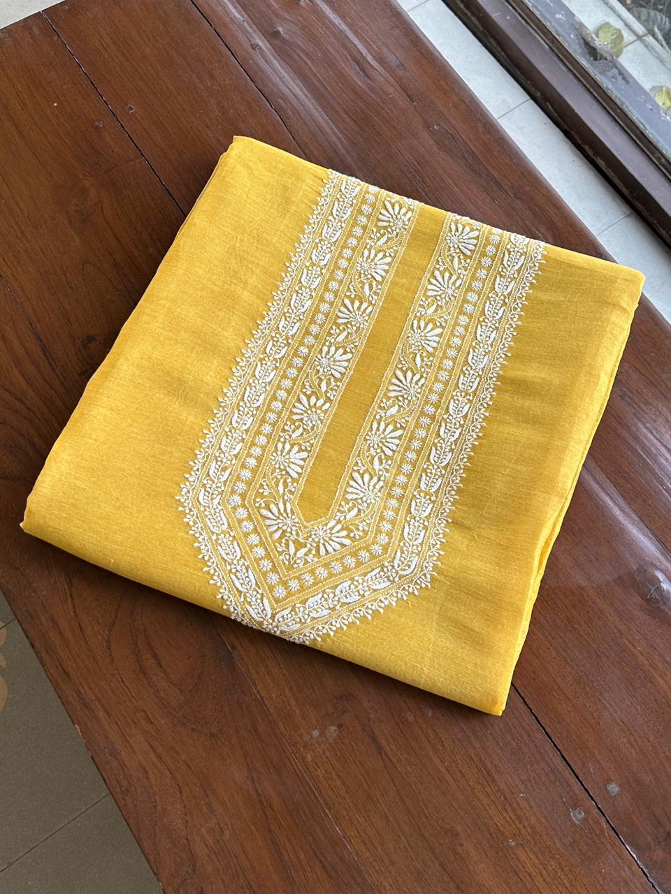 Yellow Linen Chikankari Unstitched Men's Kurtas Fabric