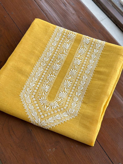 Yellow Linen Chikankari Unstitched Men's Kurtas Fabric