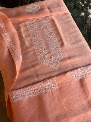 Peach Linen Chikankari Unstitched Men's Kurtas Fabric