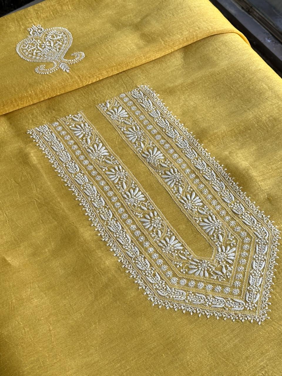 Yellow Linen Chikankari Unstitched Men's Kurtas Fabric